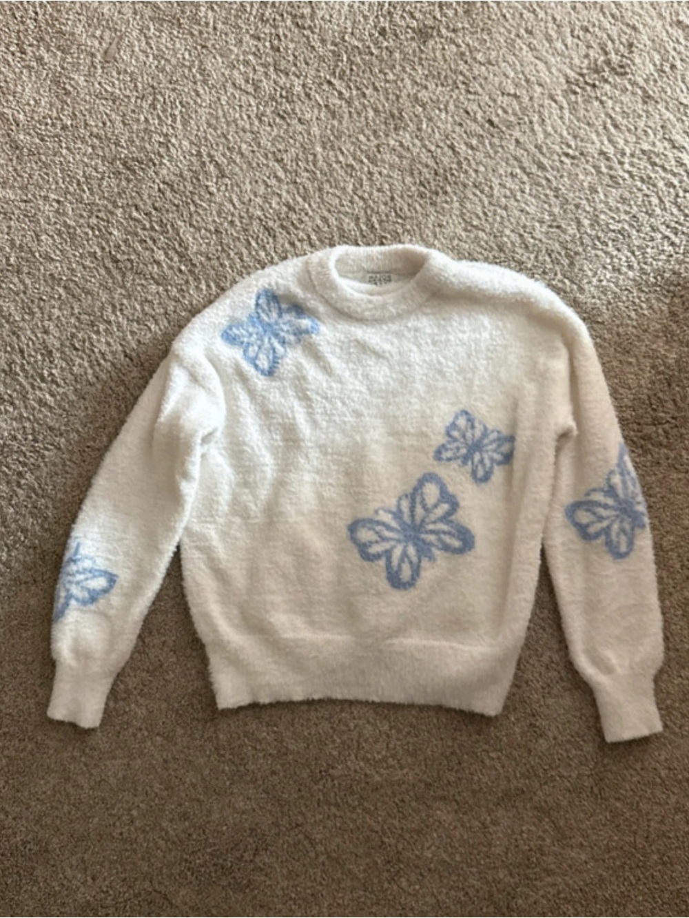 White Crewneck Sweater with Light Blue Butterfly Embroidery